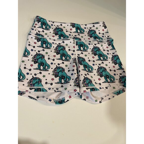 WodBottom Womens Unicorn Gym Shorts Weightlifting Dino Print 87% Polyester & 13% - Picture 1 of 8